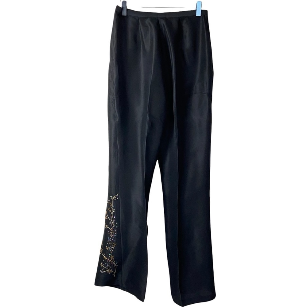 iCE Black Floral Embellishment 100% Silk Slacks Size 6